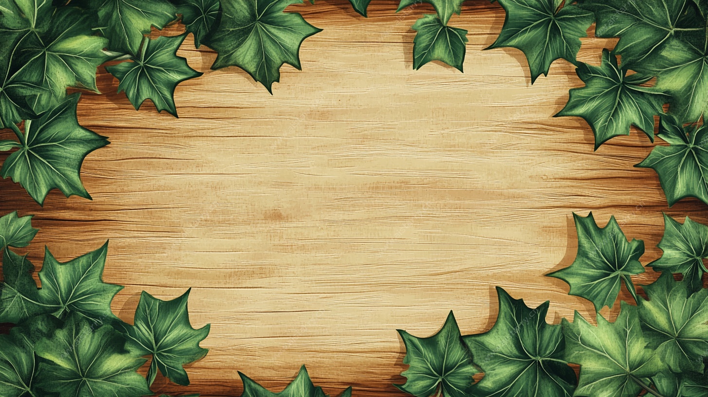 绿叶环绕的木质背景图