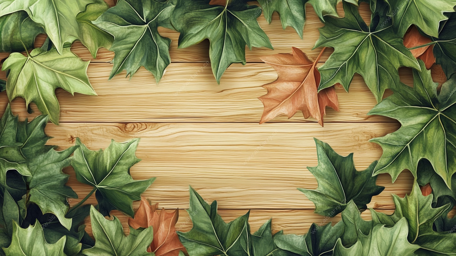 枫叶环绕的木质背景图