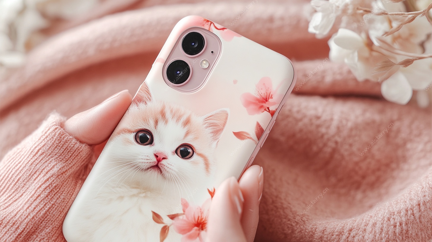 手绘猫咪花卉手机壳特写