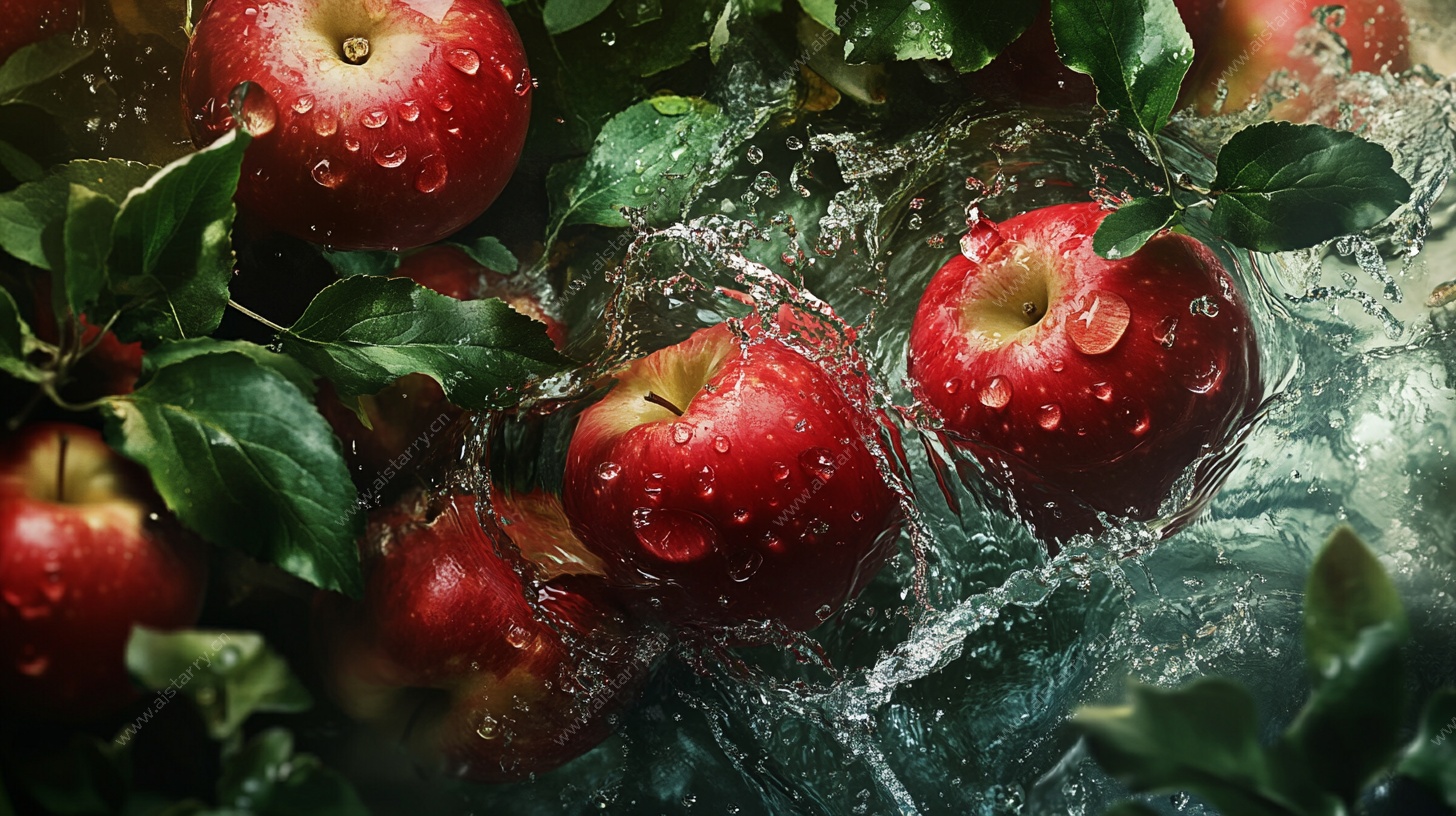 红苹果落水瞬间的灵动画面