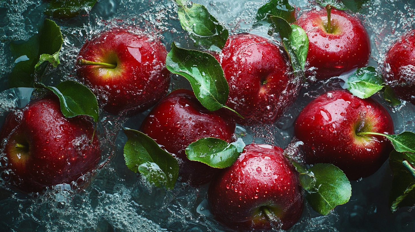 红苹果浸于水中带绿叶