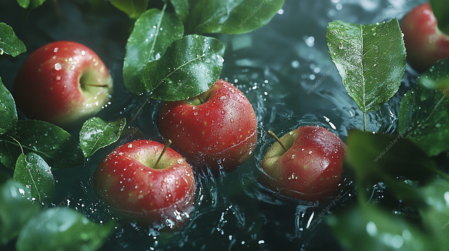 水中红苹果与绿叶之美