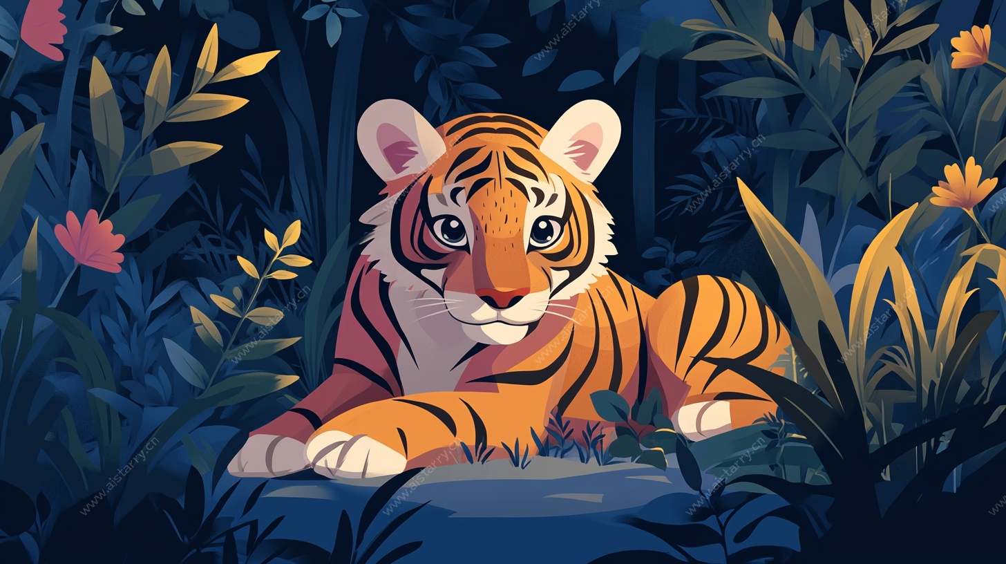 丛林中的萌态老虎插画