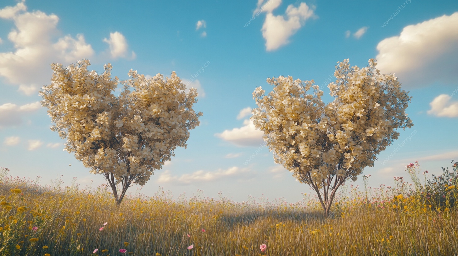 心形树木浪漫原野图景