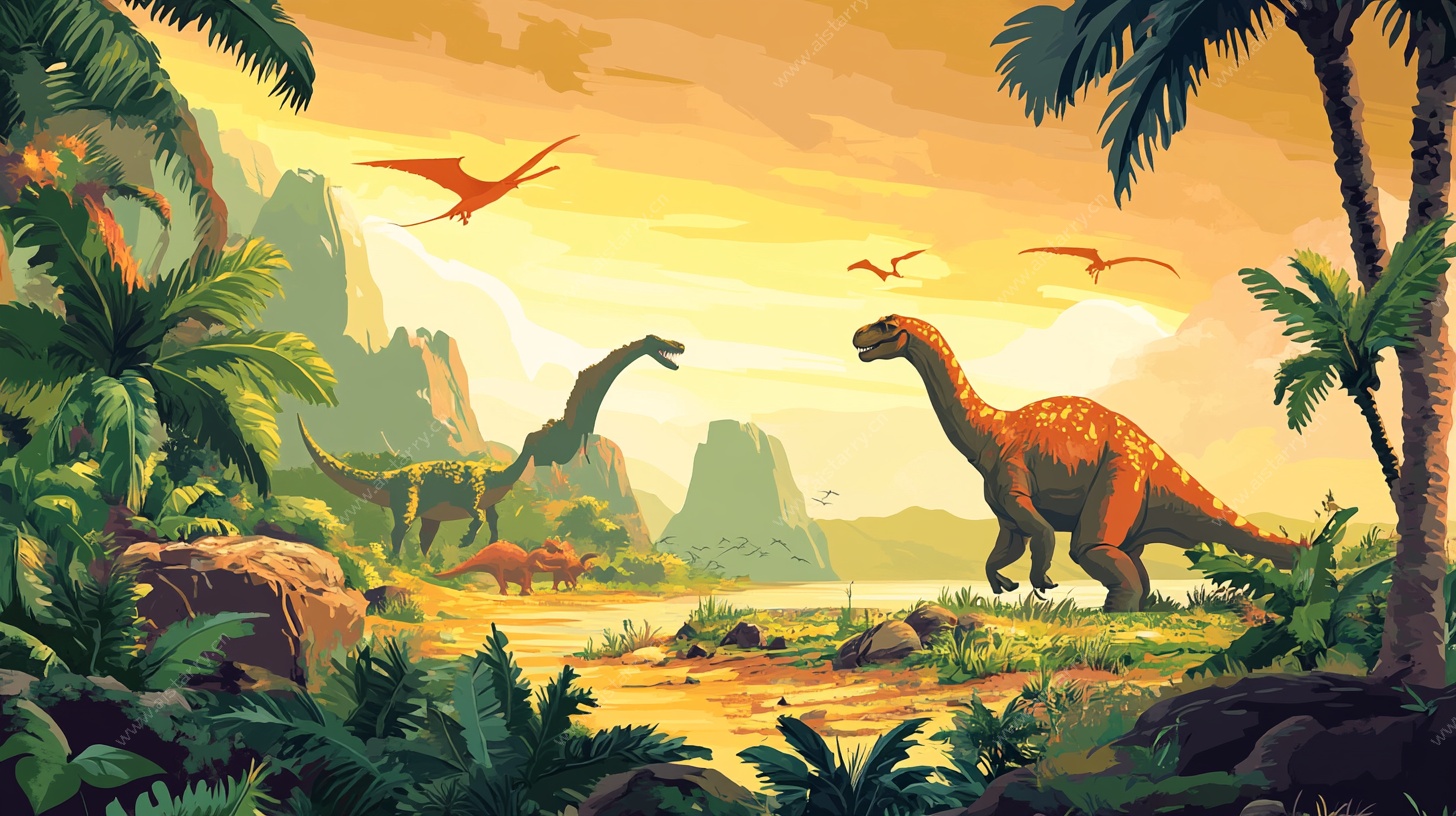 黄昏下的恐龙世界奇观