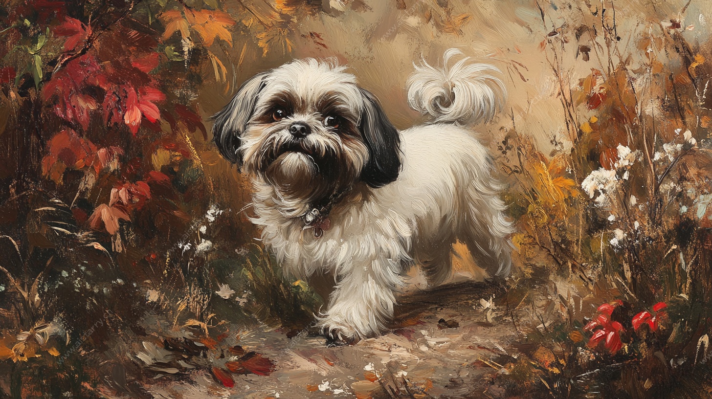 秋景中的可爱西施犬