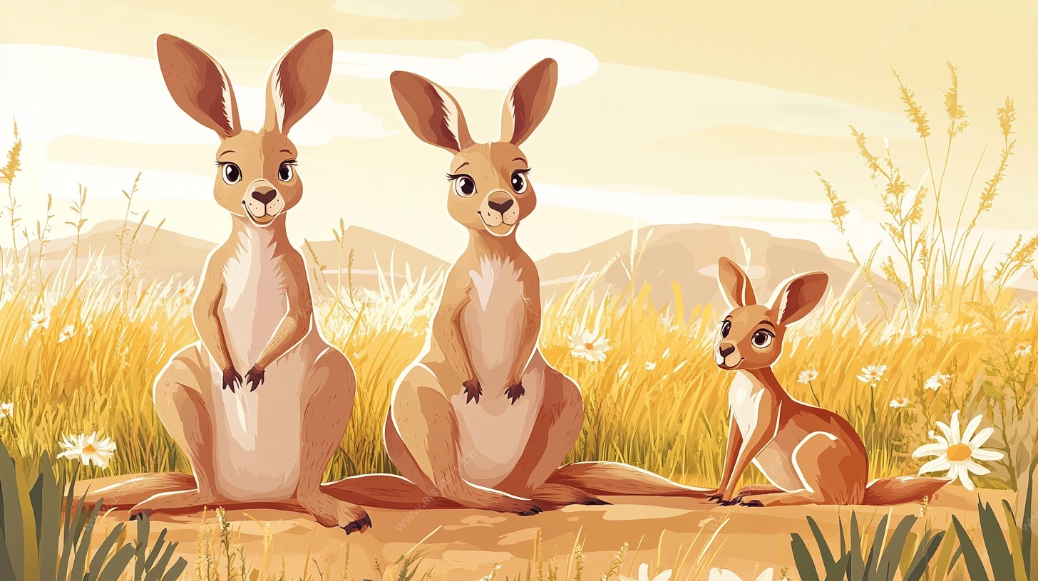 三只袋鼠的温馨田园场景