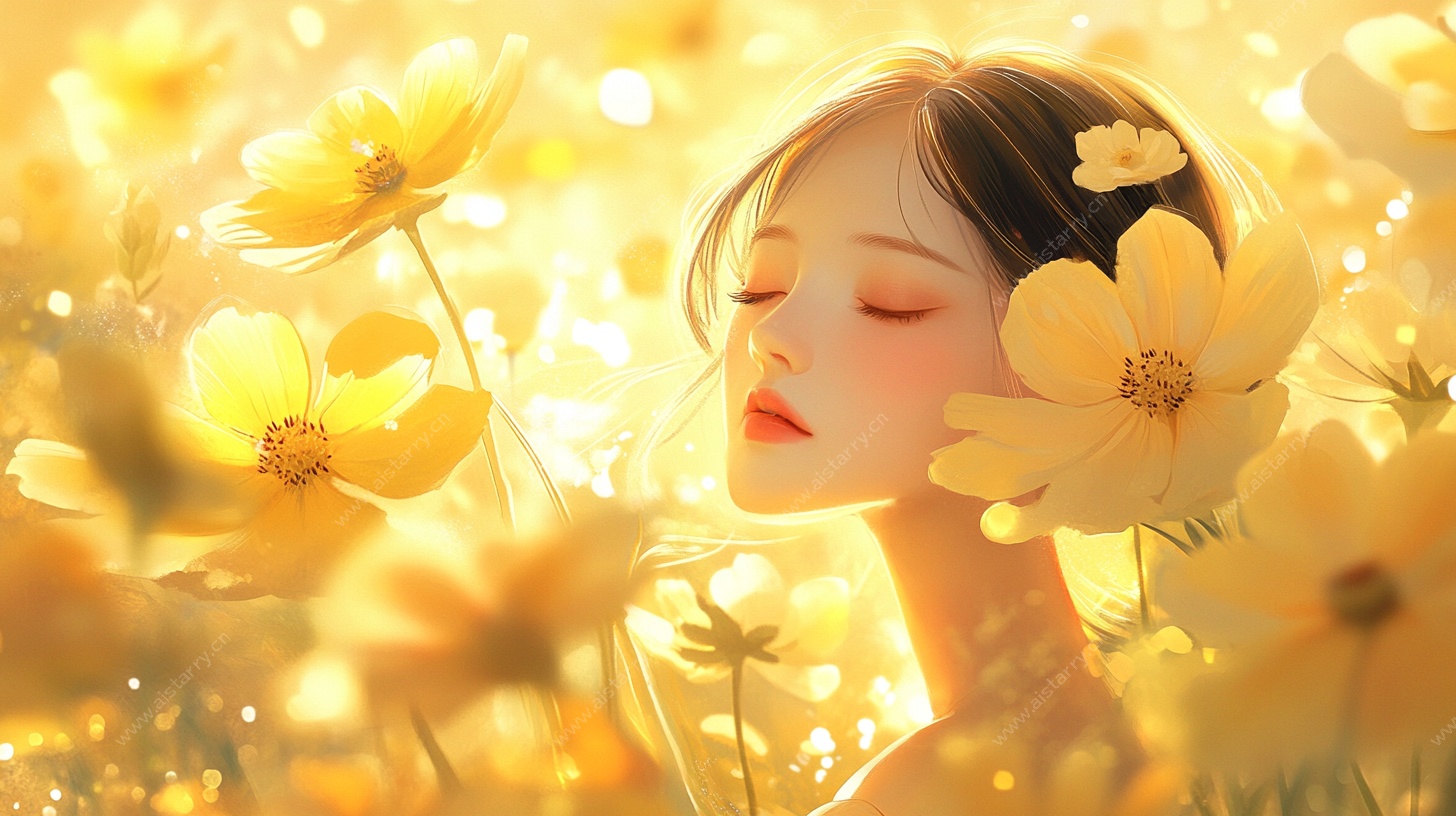 少女沉醉于金黄花海间