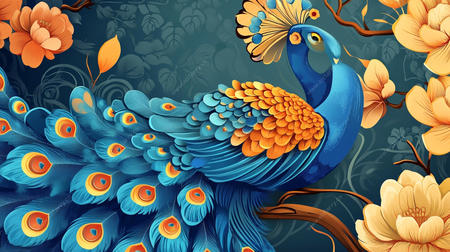 蓝孔雀栖于繁花枝头