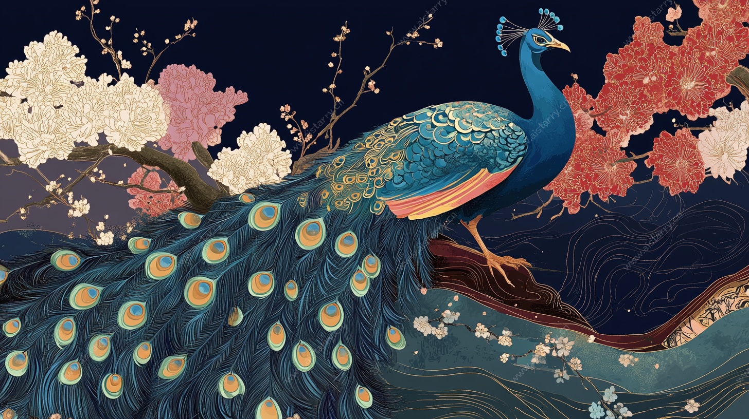 蓝孔雀栖于繁花枝头