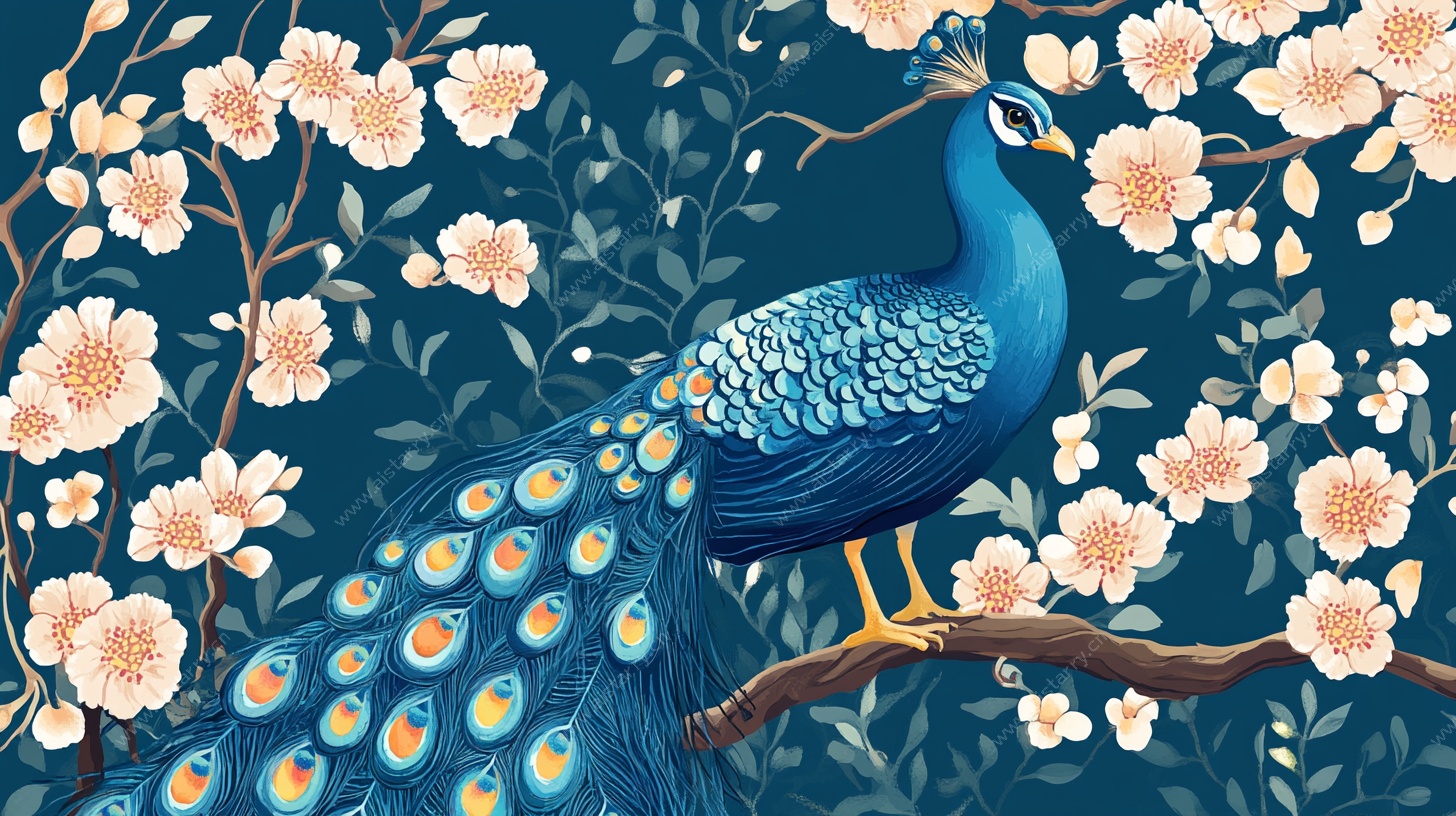 蓝孔雀栖于繁花枝头图