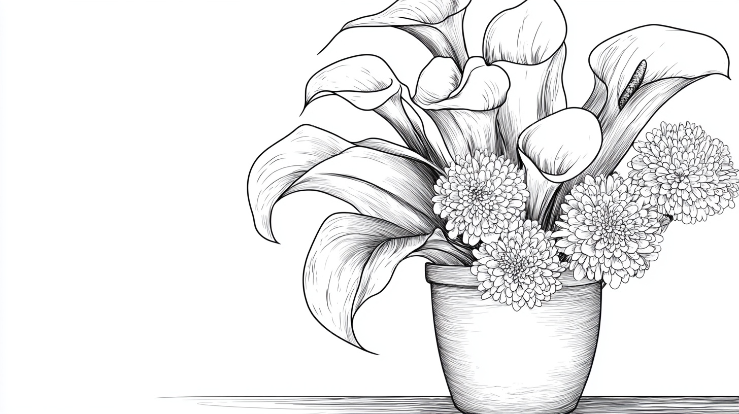 黑白手绘花卉盆栽图