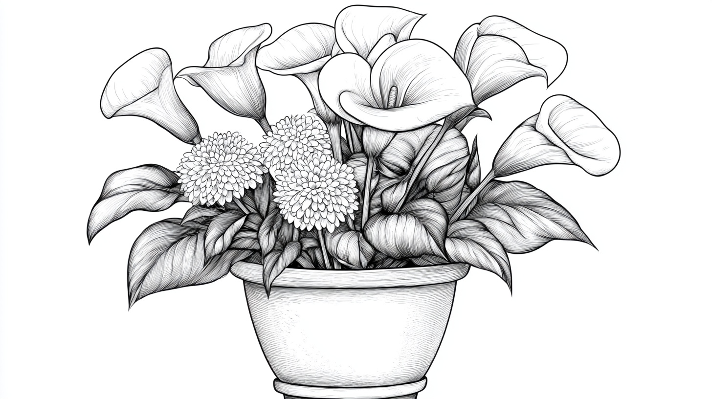 黑白盆栽花卉线描图