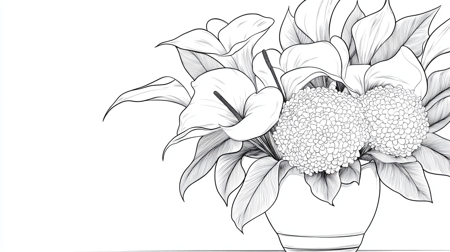 黑白花卉盆栽线描图