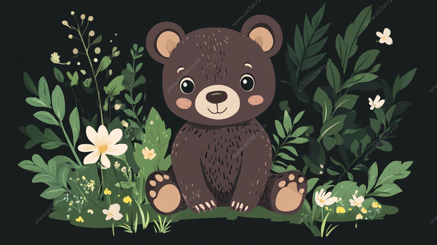 可爱小熊置身花草间