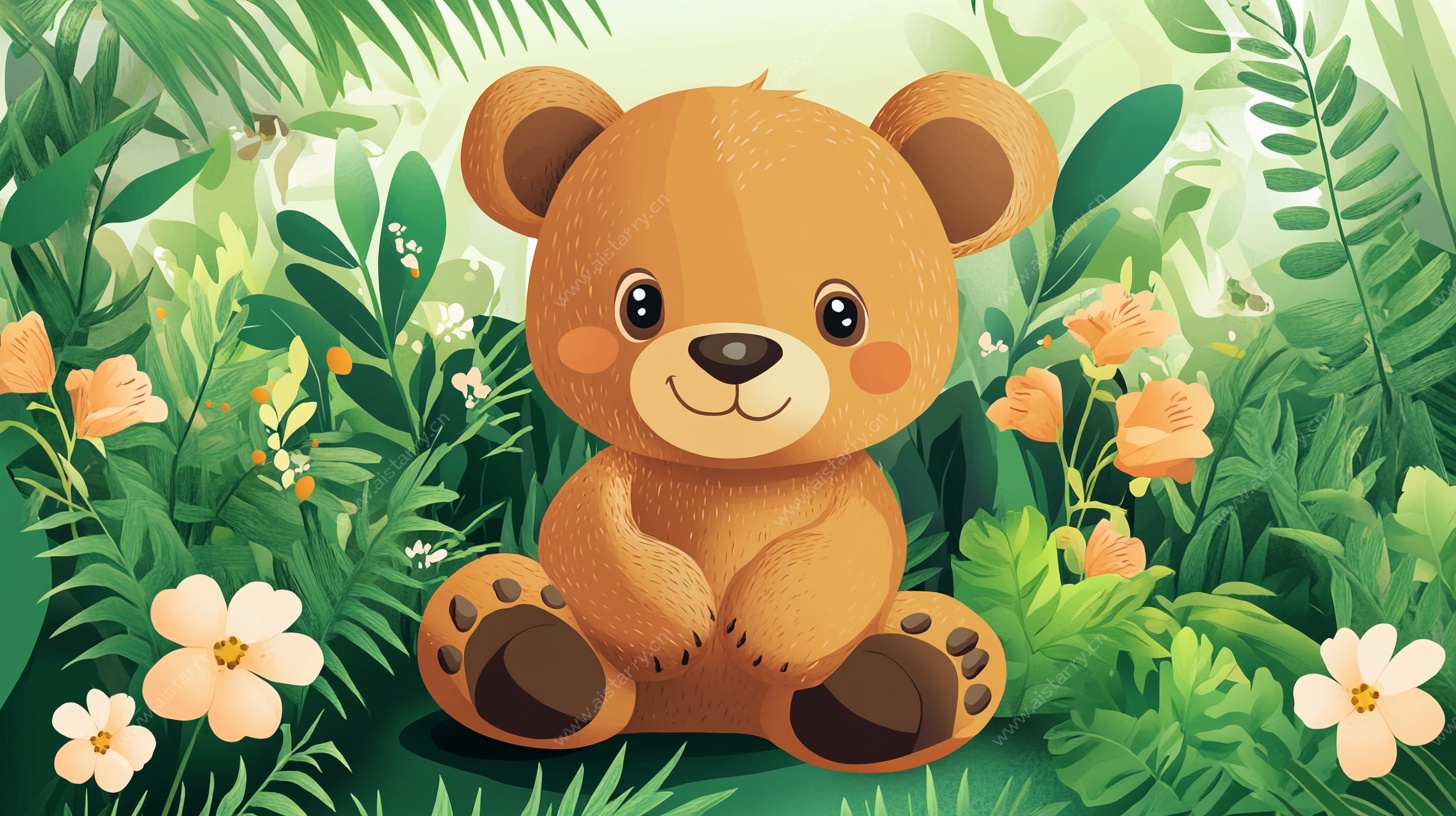 可爱小熊置身绿植花丛中