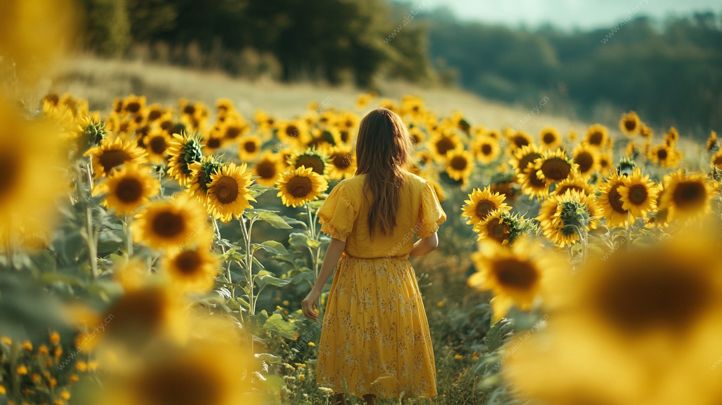 少女漫步向日葵花海