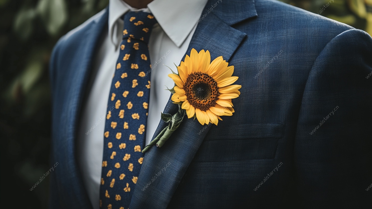西装上的向日葵胸花