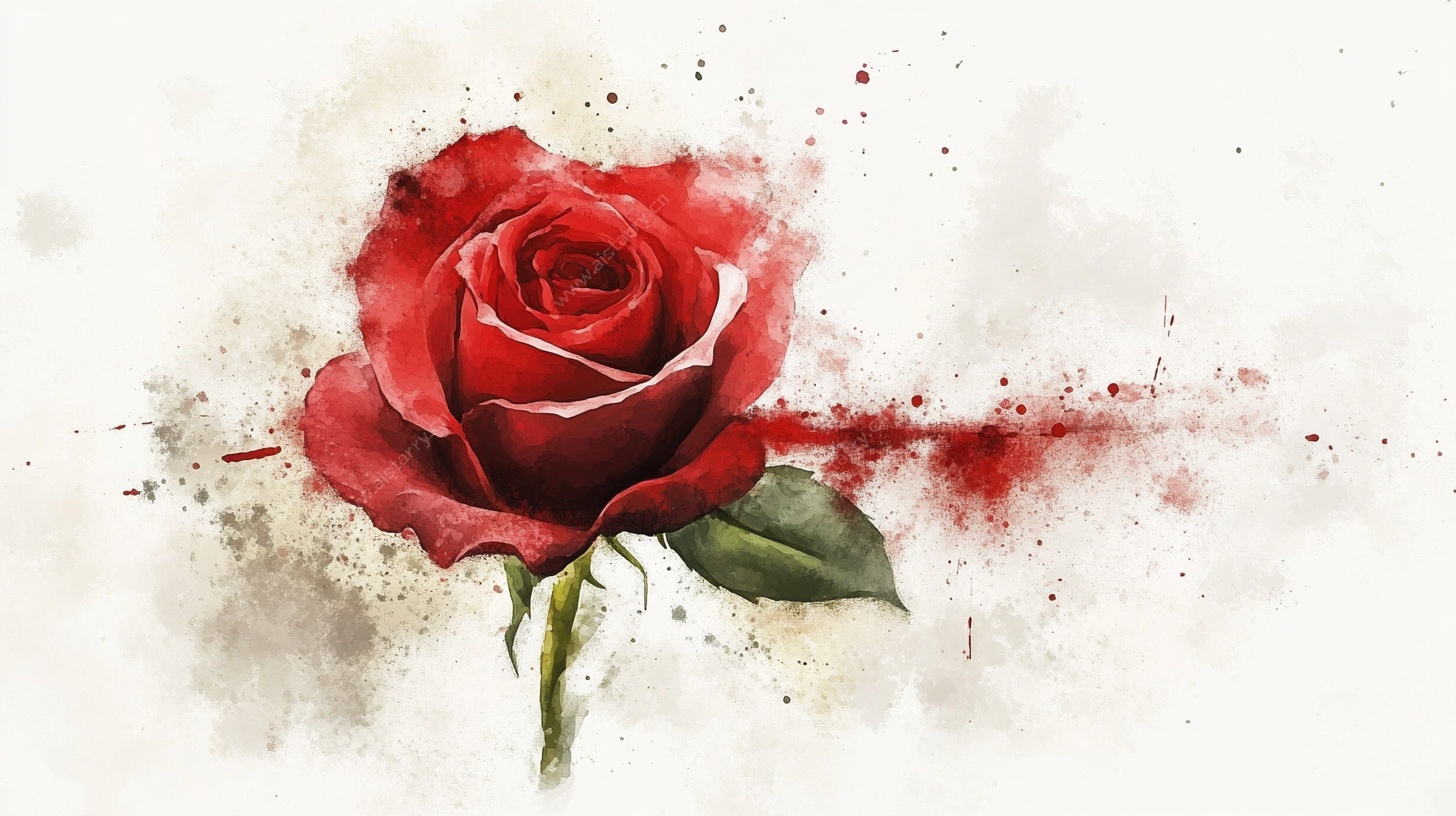 红玫瑰水彩画