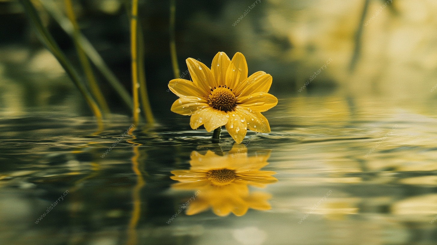 水中黄花倒影