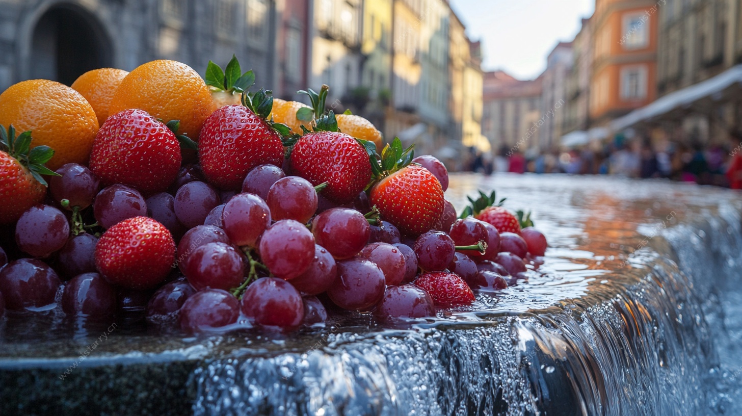 水果装点的城市喷泉美景