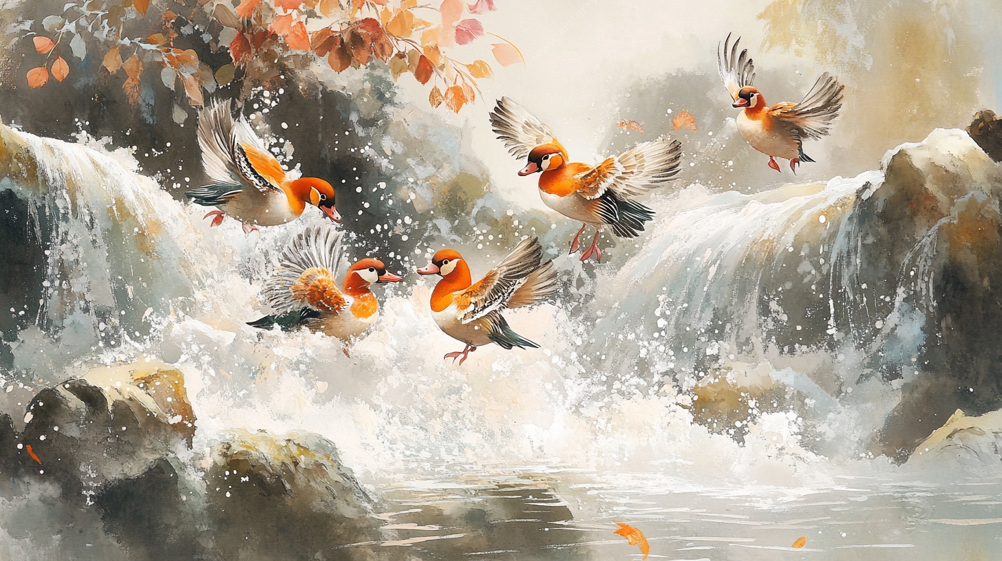 鸳鸯戏水间 秋景意悠然