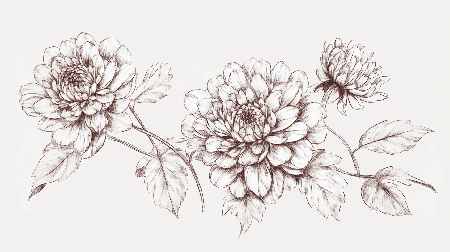 手绘三朵花卉素描图