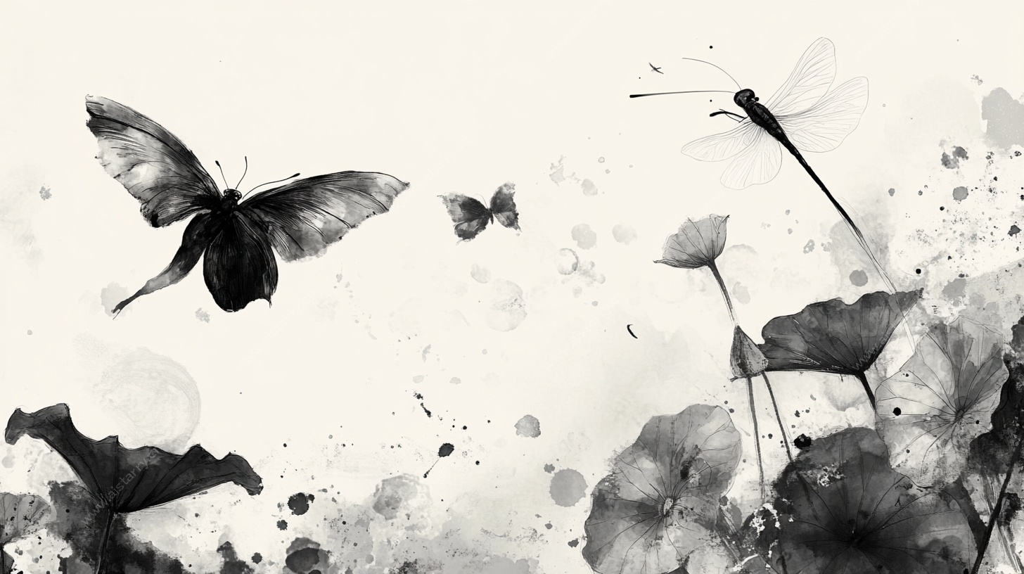 水墨蝶影荷韵图