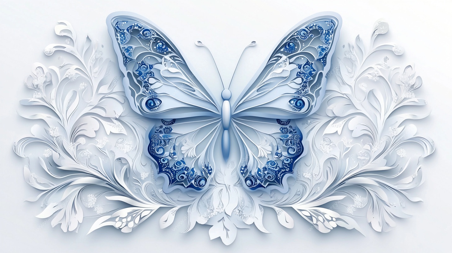 蓝白蝶影雕花艺术图