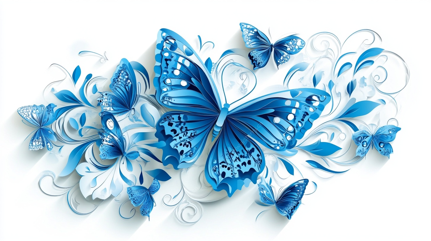 蓝色梦幻蝴蝶花卉装饰图