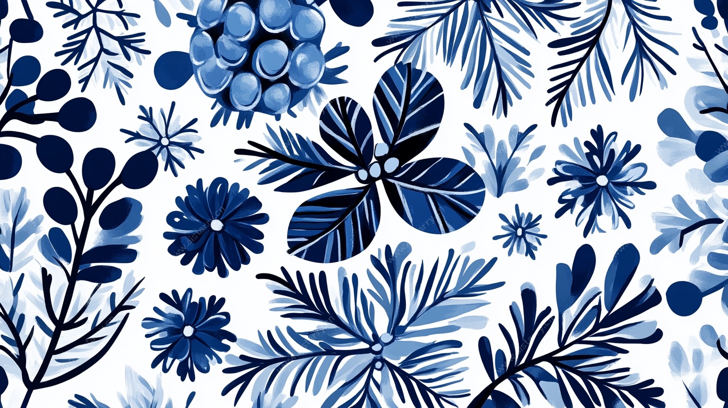 蓝白花卉植物无缝图案