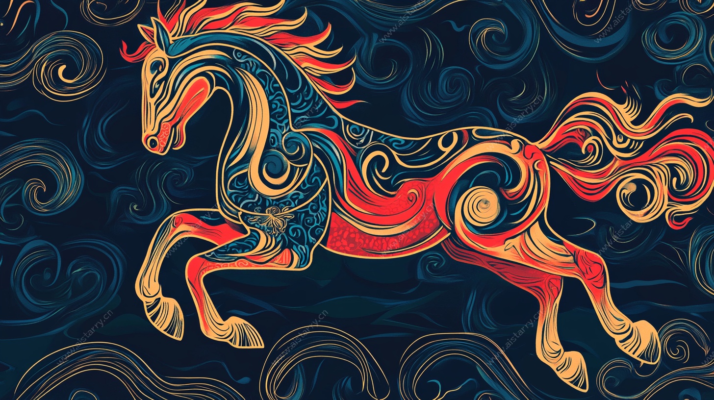 奔腾的中式祥纹骏马图