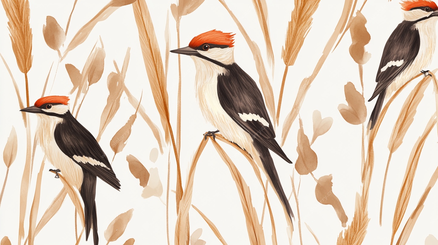 啄木鸟栖于芦苇丛插画