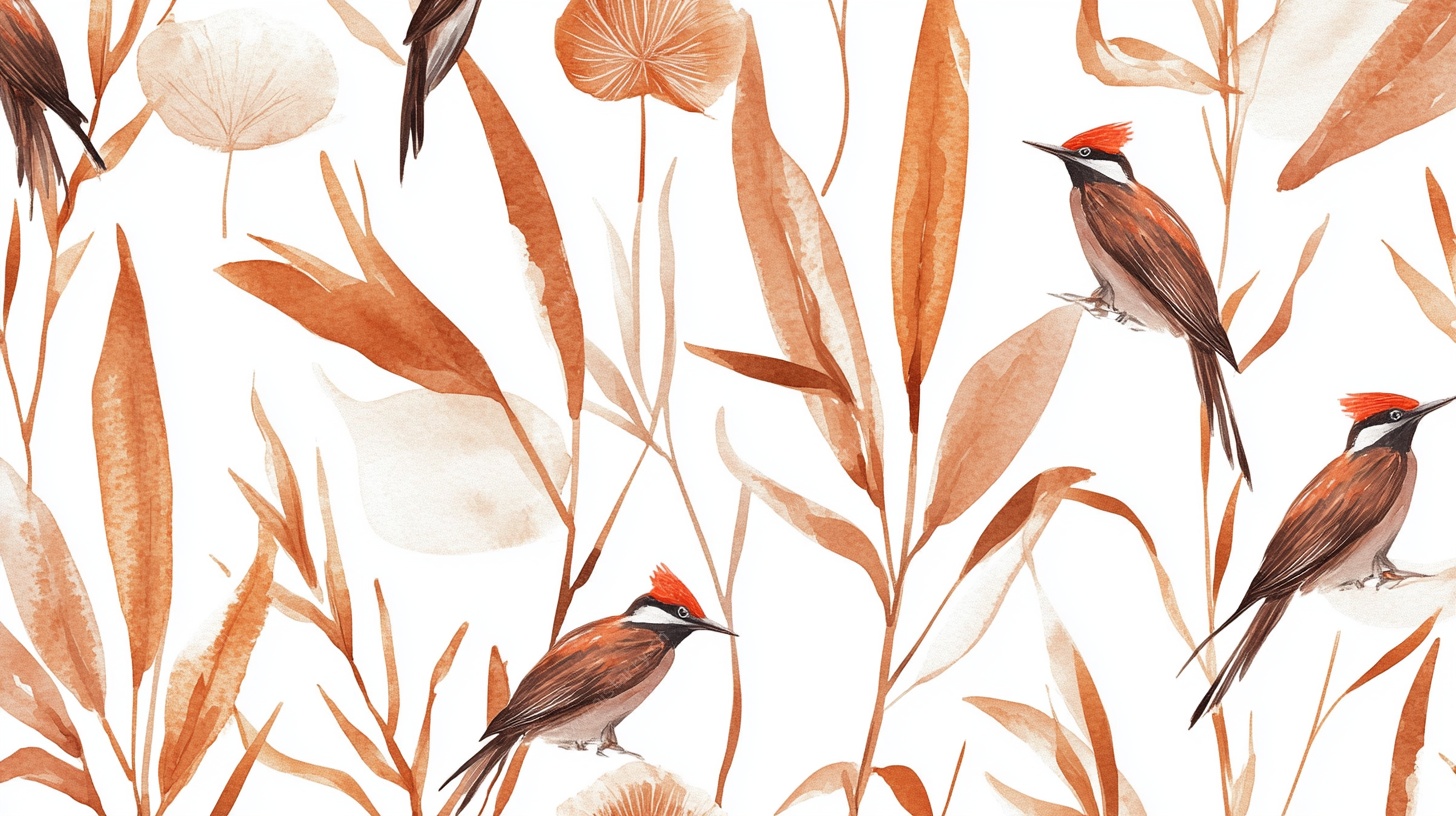 棕叶飞鸟水彩风无缝图案