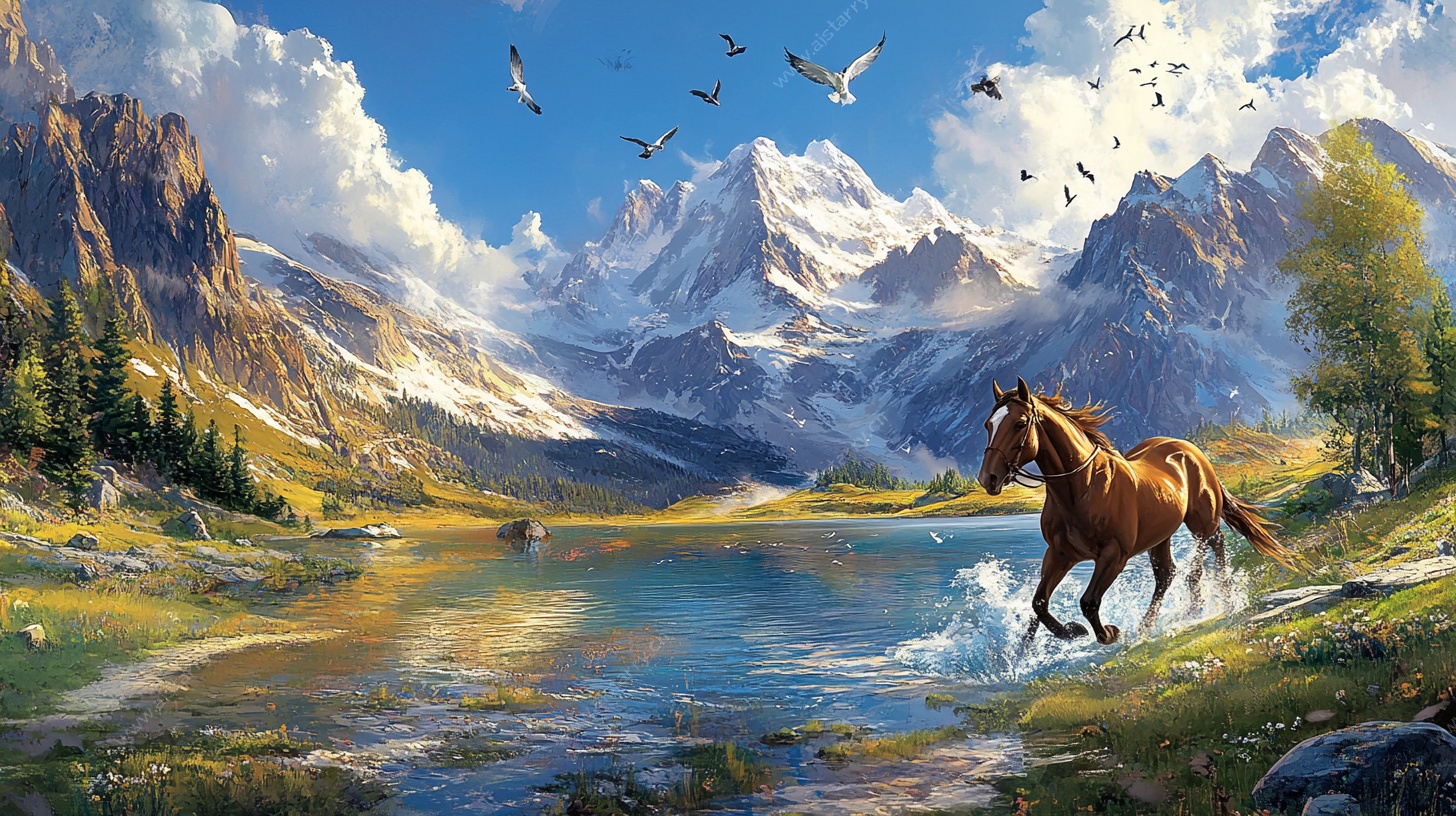 湖畔骏马踏水雪山美景