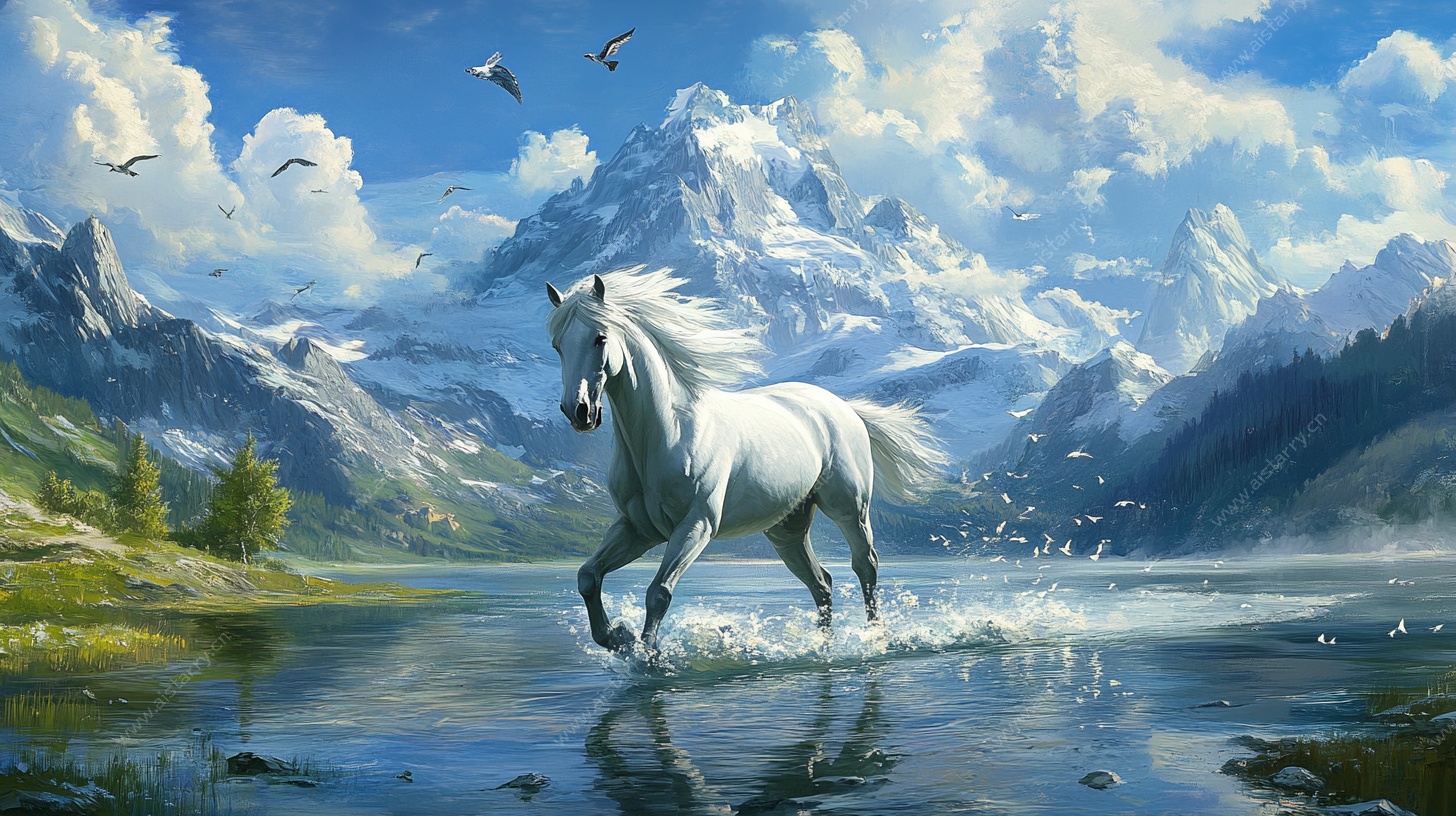 白马驰骋于山水之间