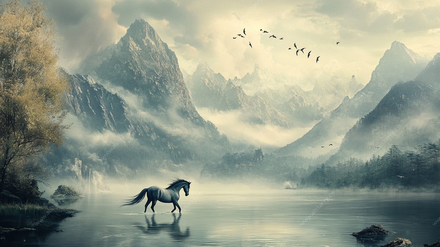 孤马行于山水间