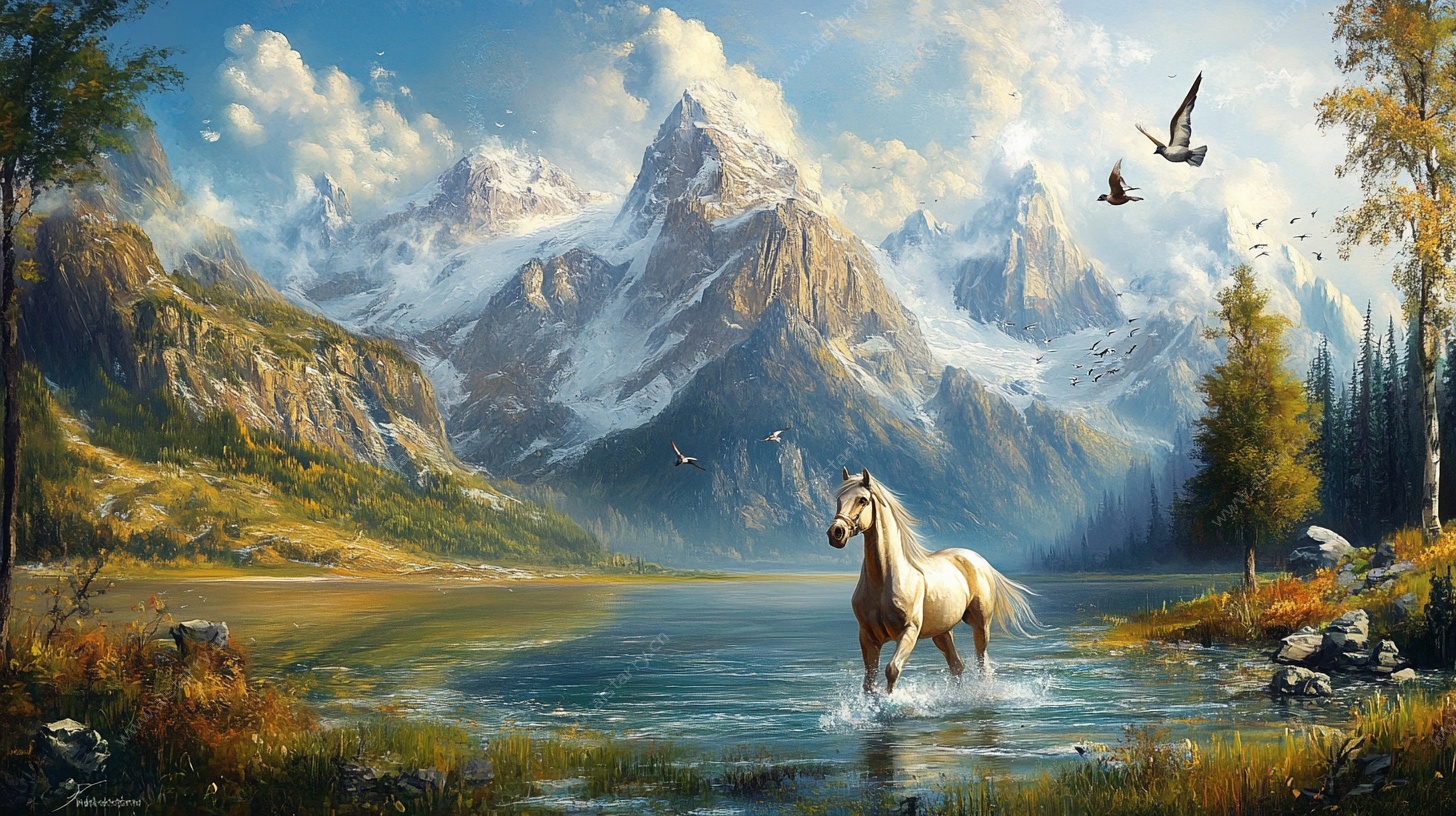 白马踏湖行山间美景图