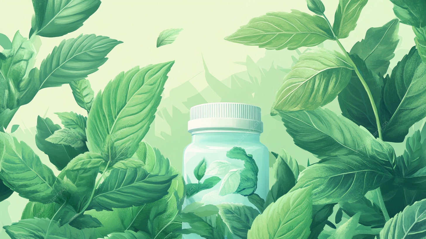 绿叶环绕的清新药瓶插画