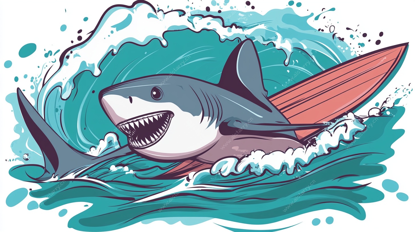 鲨鱼冲浪卡通插画