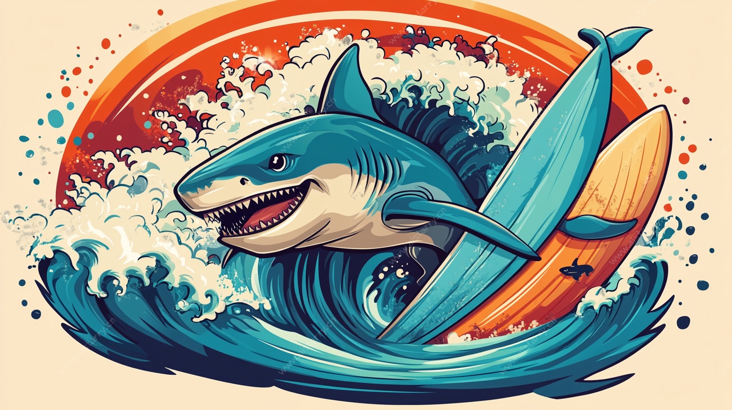 鲨鱼冲浪插画