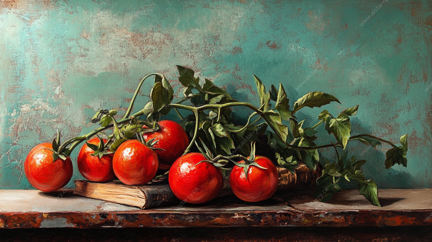 红番茄与绿叶的静物之美