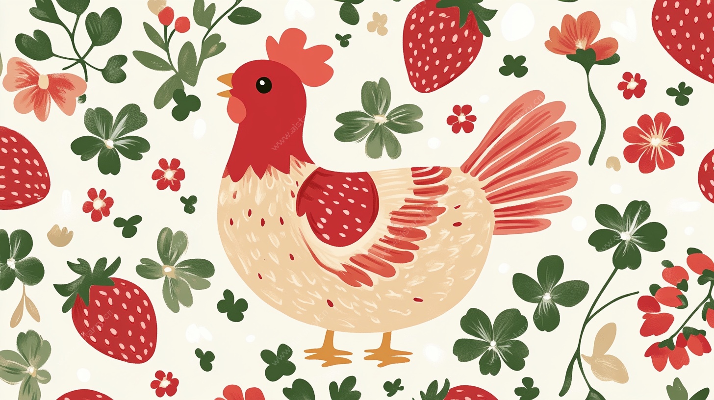 田园风母鸡花卉插画