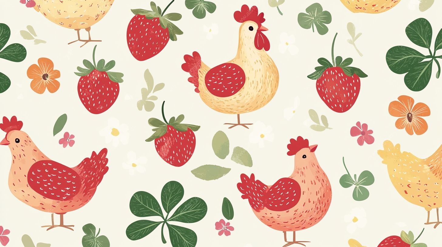 田园风鸡与草莓图案插画