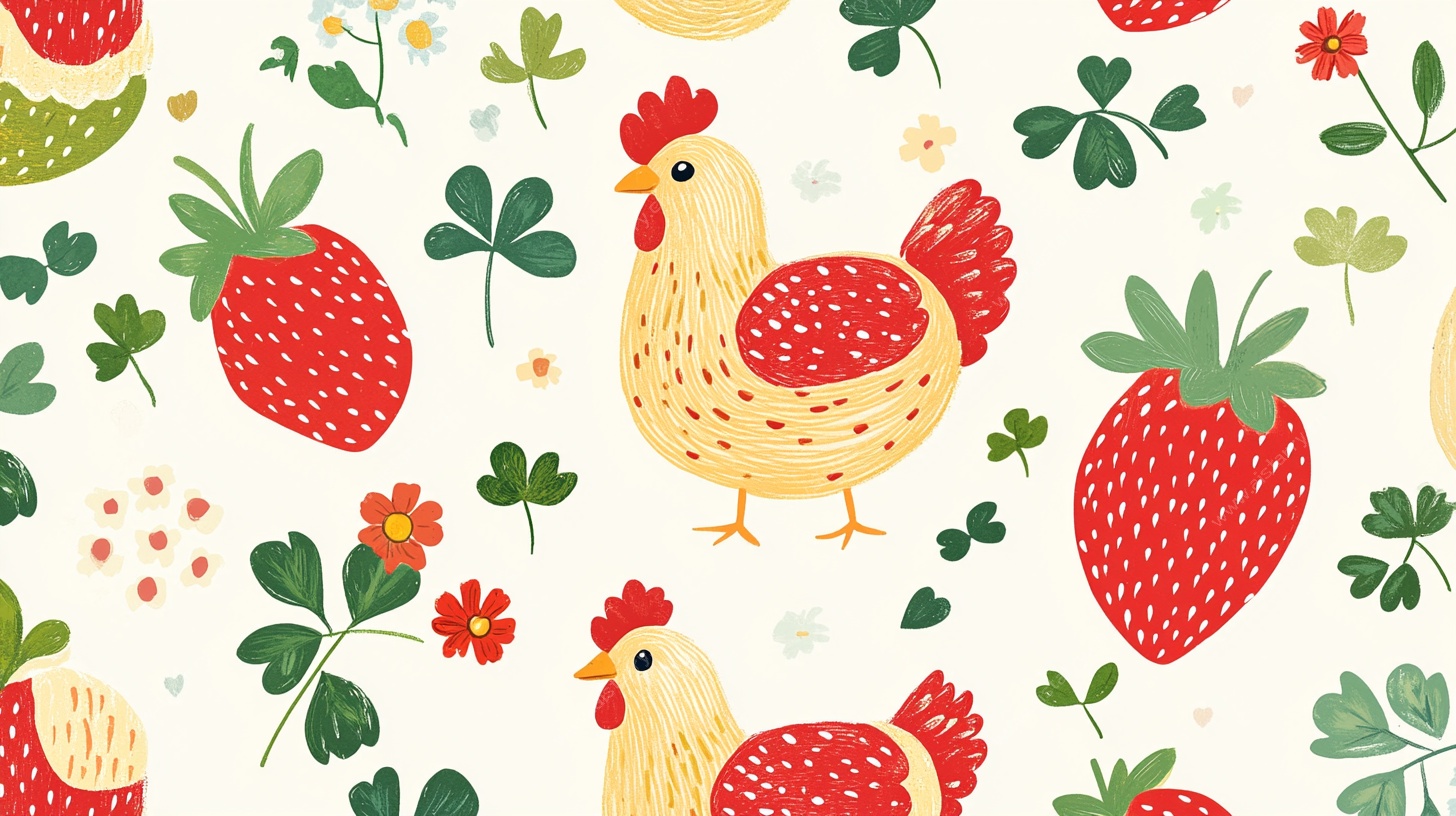 田园风鸡与草莓图案设计