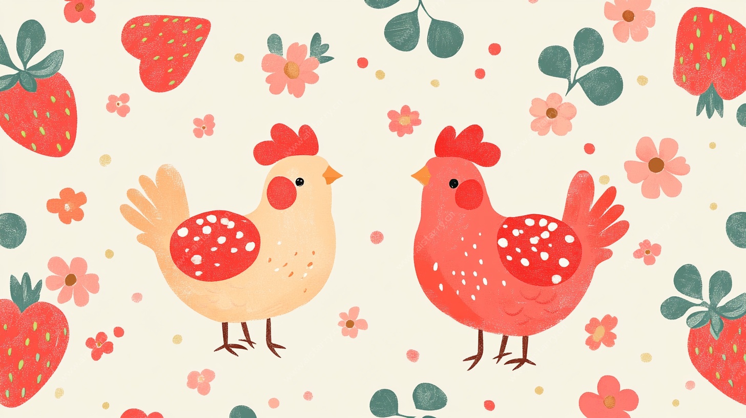 草莓旁的可爱双鸡插画