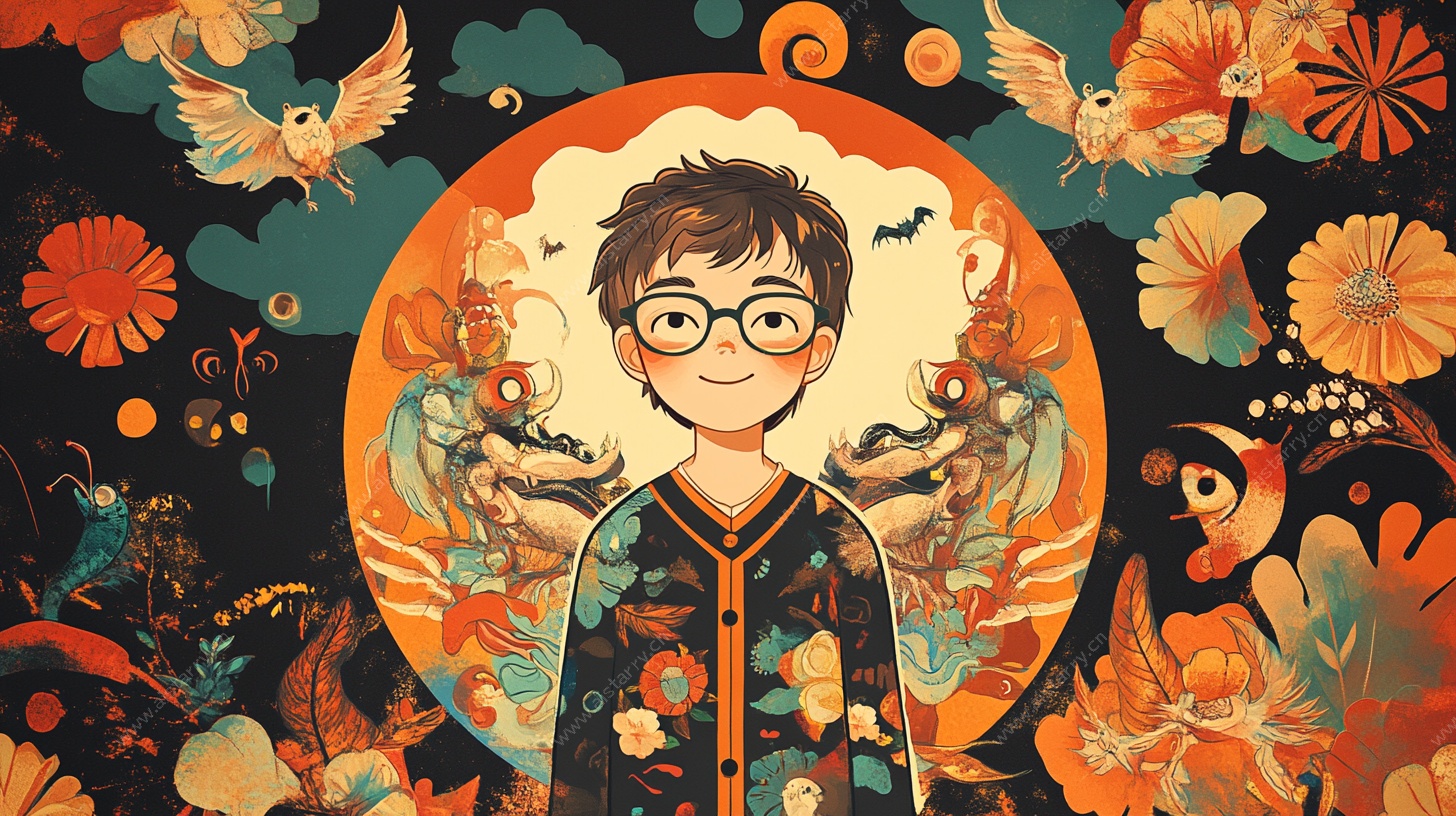 少年置身奇幻中式花鸟世界