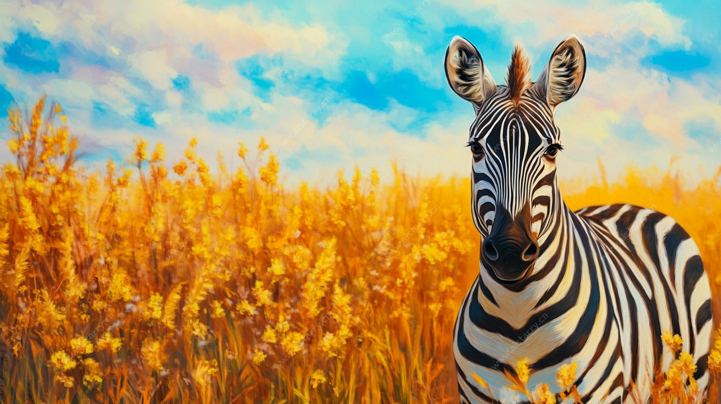 斑马伫立金黄花田之中