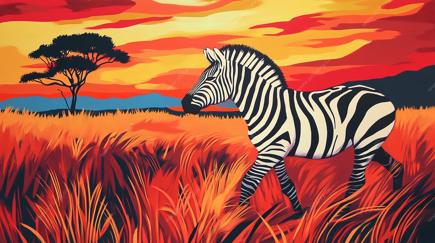 夕阳下独行斑马艺术画