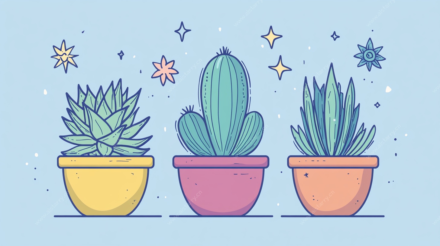 三盆萌趣多肉植物插画